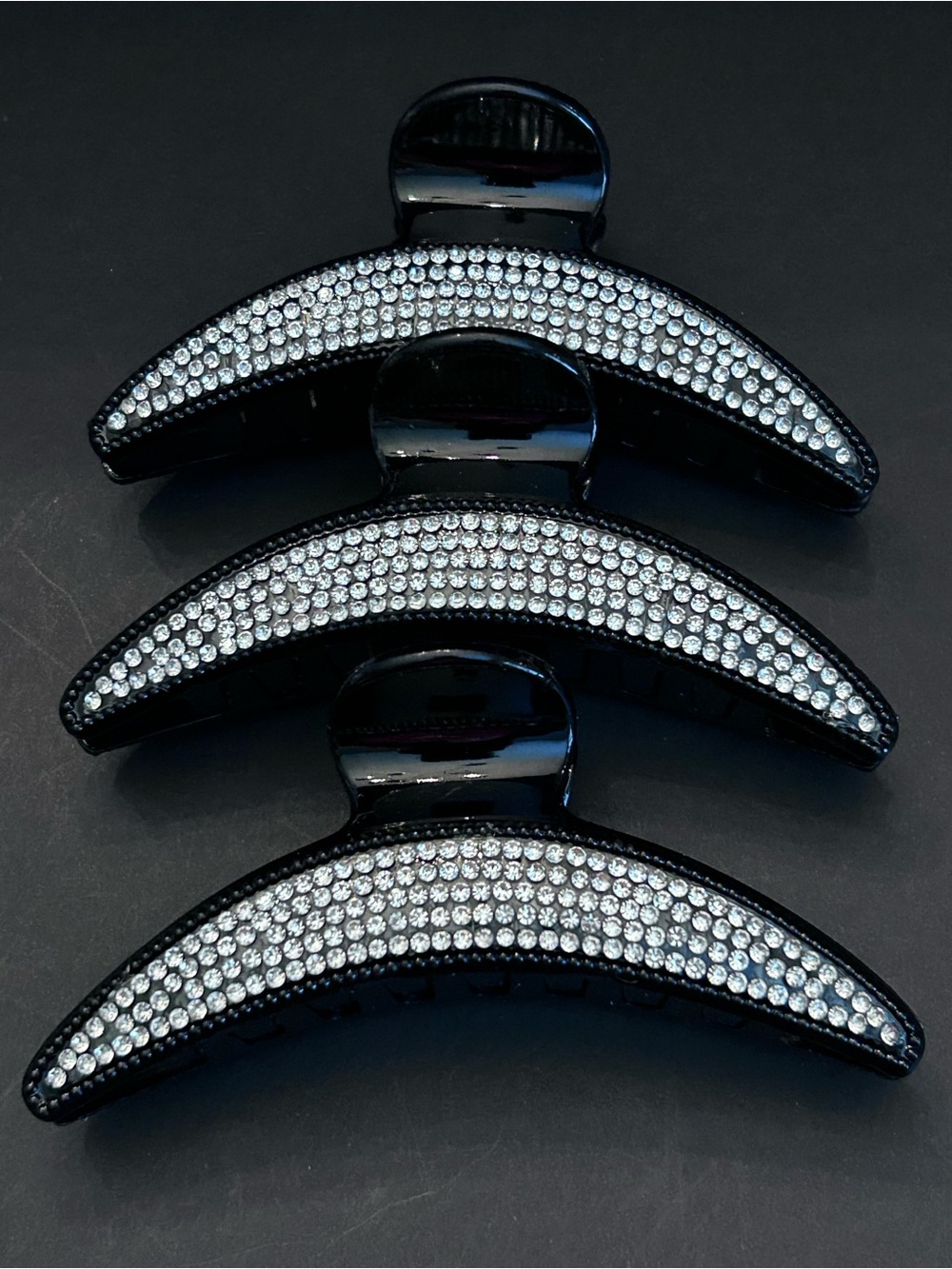 Black Crescent Hair Claw Clips with Clear Rhinestones - Set of (3) Three